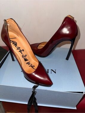Lanvin Wine Red Patent Leather Pointed Pumps with Gold Heel Tab